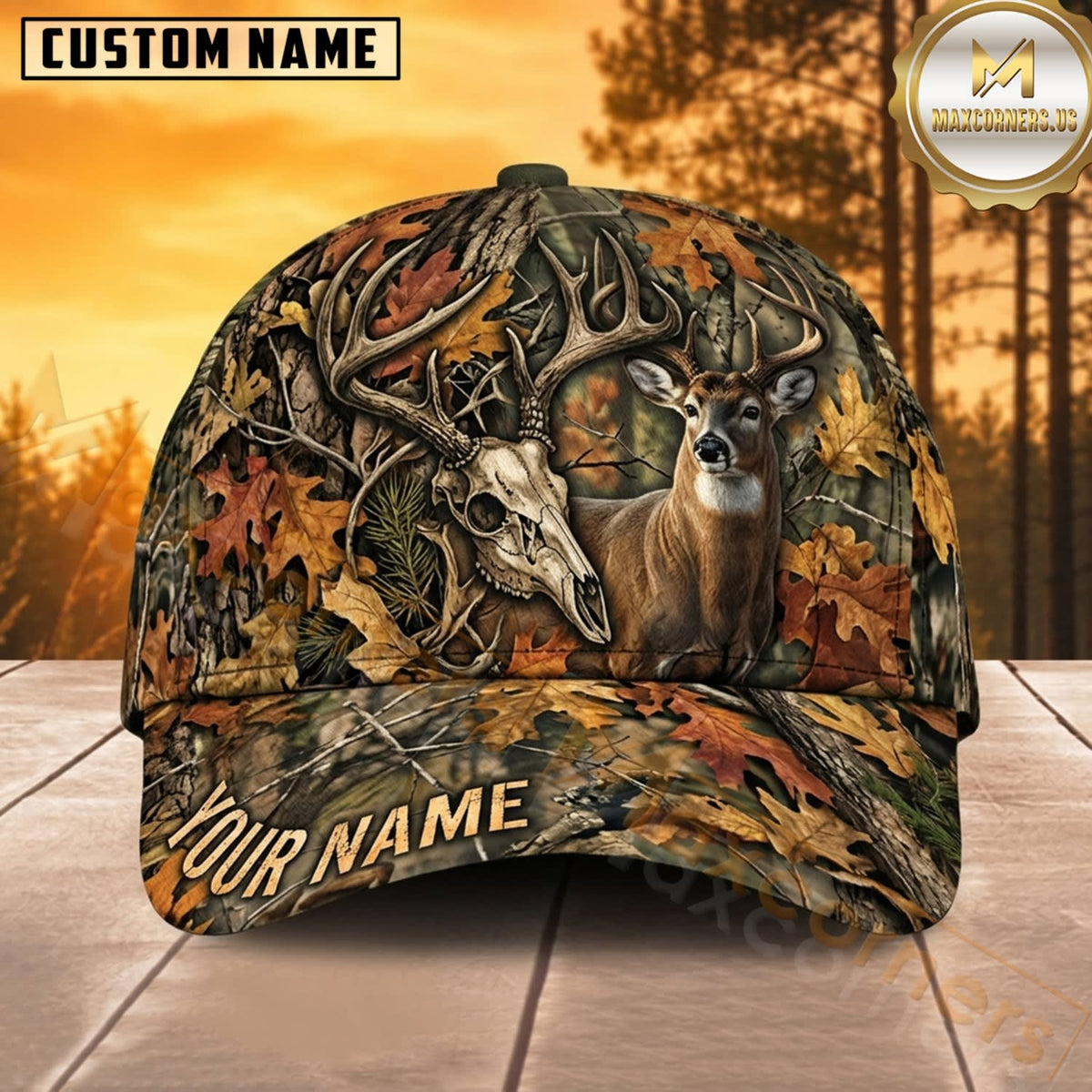 Maxcorners Deer Hunting Whitetail Buck Twin Buck and Skull Autumn Leaf Camo Customized Name 3D Cap