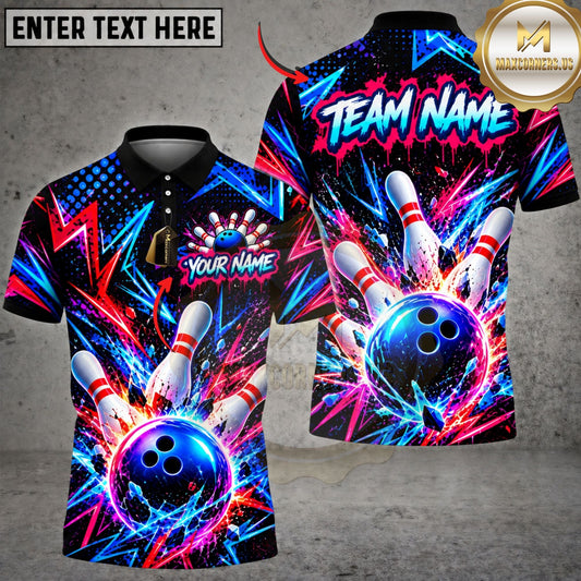 Maxcorners Bowling Ball & Neon Pin Explosion Graphic Customized Name, Team Name 3D Shirts