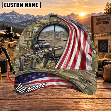 Maxcorners Long Range Shooting Olive Camo Patriotic Rifle Personalized Name 3D Cap