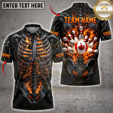 Maxcorners Bowling Flaming Skeleton Canadian Maple Leaf Bowling Pins Personalized Name 3D Unisex Shirt