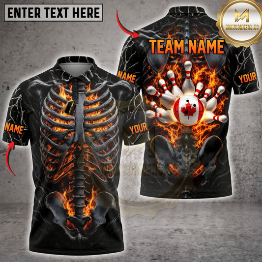 Maxcorners Bowling Flaming Skeleton Canadian Maple Leaf Bowling Pins Personalized Name 3D Unisex Shirt