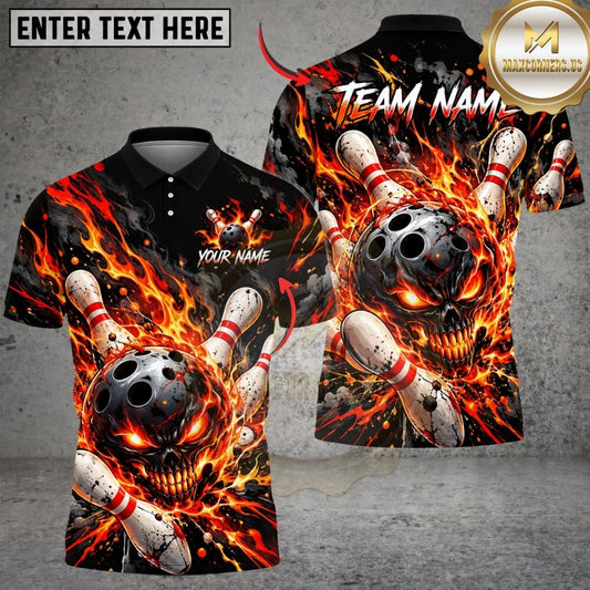 Maxcorners Bowling Evil Skull Fiery Inferno Flame Pins Strike Artwork Multicolor Customized Name, Team Name 3D Shirts
