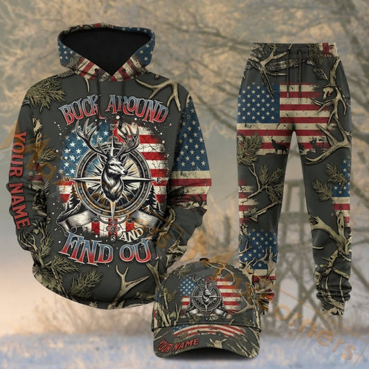 Maxcorners Hunting Patriotic Deer Antlers American Flag Camo Personalized 3D Shirts