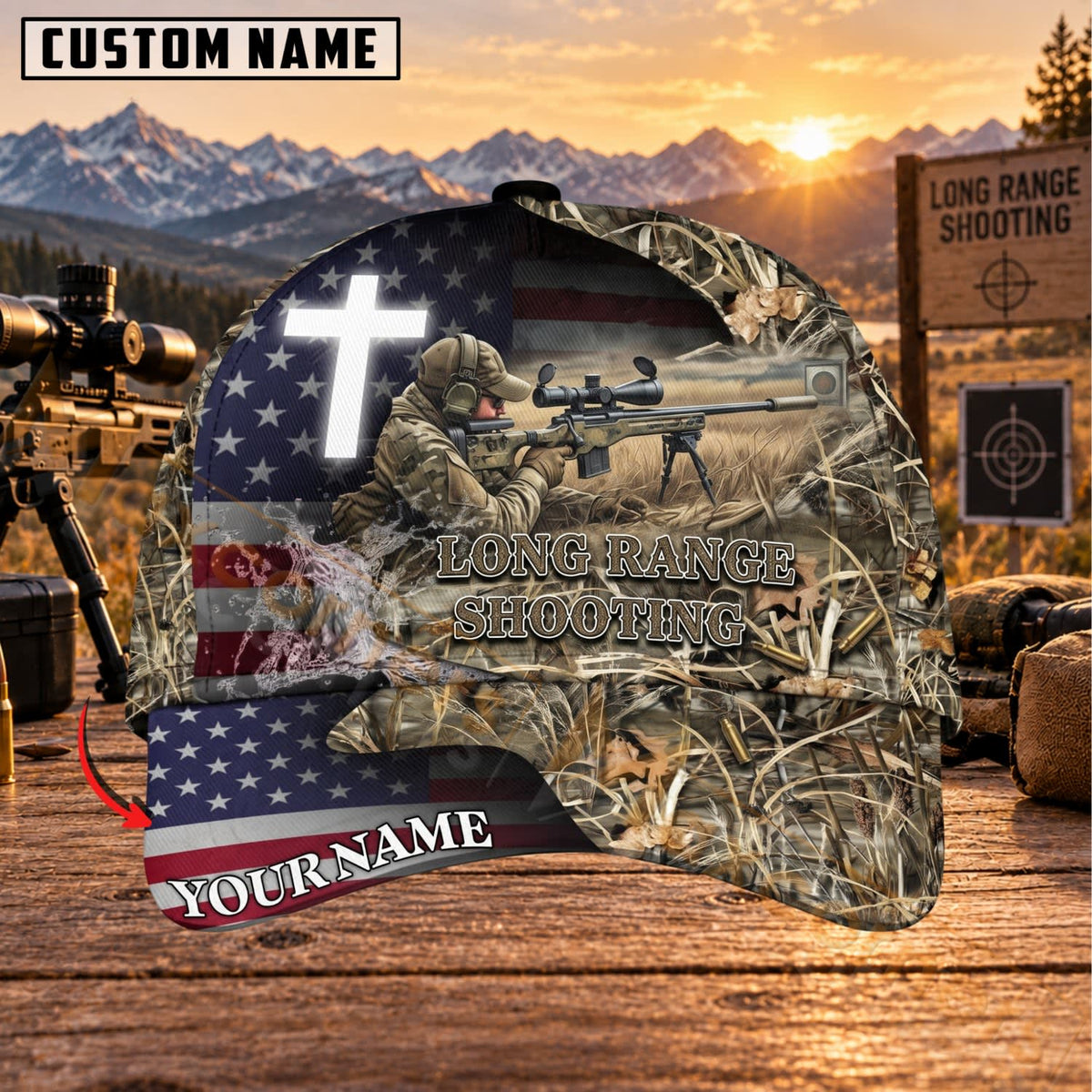 Maxcorners Long Range Shooting Faith Cross Camo Personalized Name 3D Cap