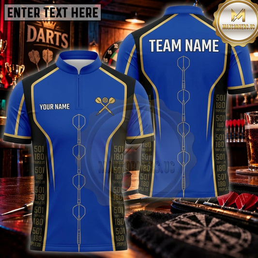 Maxcorners Darts Electric Blue Golden Line Dartboard Personalized Name 3D Unisex Shirt