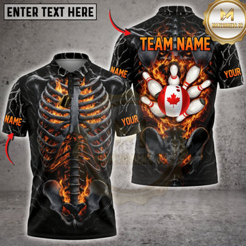 Maxcorners Bowling Fire Skeleton Canadian Flag Bowling Ball Personalized Name 3D Unisex Shirt