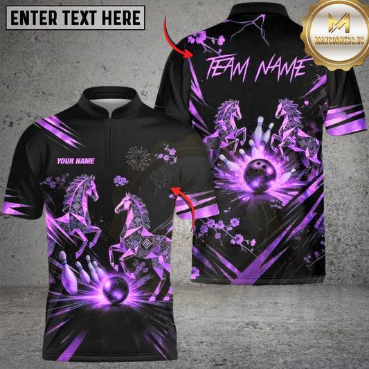 Maxcorners Bowling Black Gold Horse Multicolor Customized Name, Team Name 3D Shirts