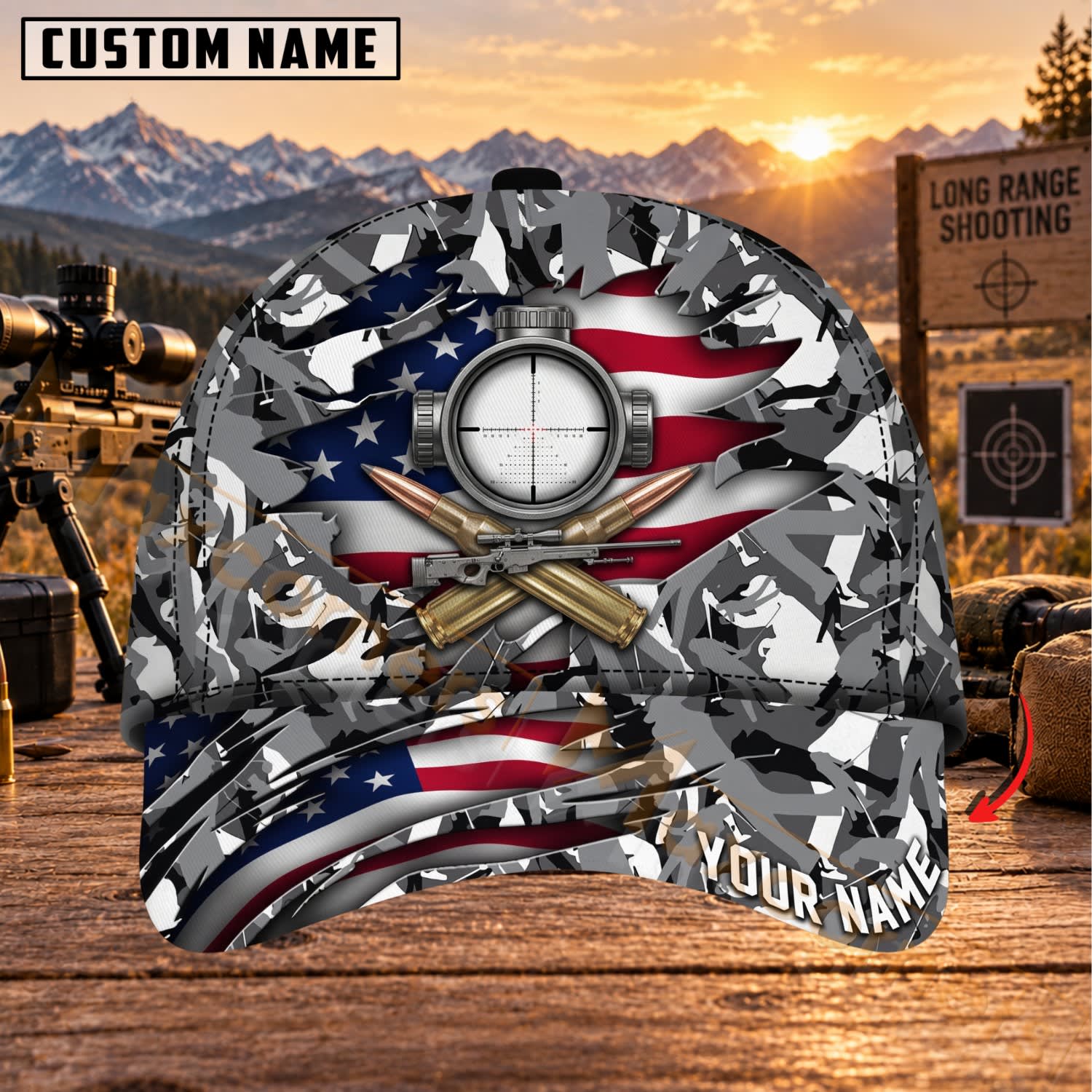 Maxcorners Long Range Shooting Grey Camo American Flag Crosshair Personalized Name 3D Cap