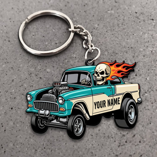 Maxcorners Classic Car Turquoise Vintage Pickup Truck with Skull Driver and Orange Flames Personalized Name 3D Keychain And Ornament