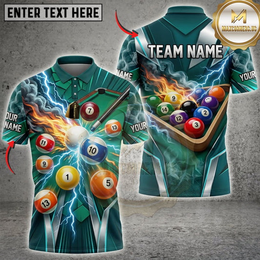 Maxcorners Billiards Emerald Green Lightning And Colorful Pool Balls Personalized Name 3D Unisex Shirt