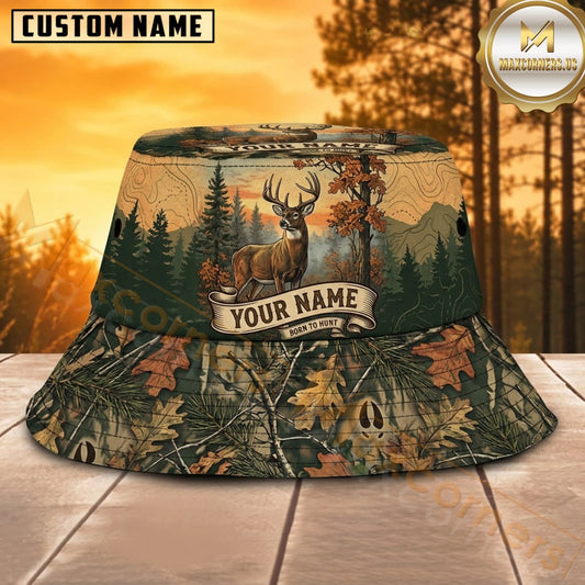 Maxcorners Deer Hunting Green Orange Fall Leaves Personalized Name 3D Bucket Hat