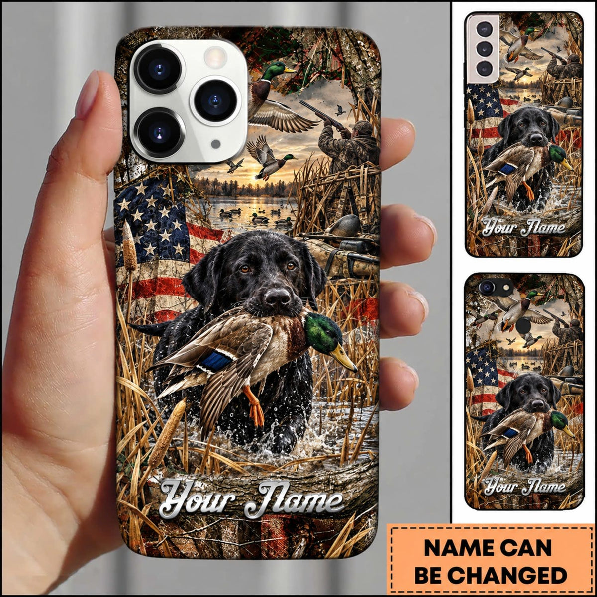 Maxcorners Duck Hunting Yellow Labrador Retriever American Flag Sunset Personalized Name 3D Phone Case - Black Labrador Retriever - Mallard