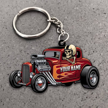 Maxcorners Hot Rod Red Classic Roadster with Chrome Engine and Skull Driver Personalized Name 3D Keychain And Ornament