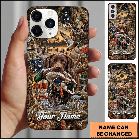 Maxcorners Duck Hunting Yellow Labrador Retriever American Flag Sunset Personalized Name 3D Phone Case - Chocolate Labrador Retriever