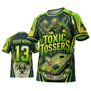 Maxcorners Cornhole Toxic Tossers Biohazard Green Personalized Name 3D Unisex Shirt