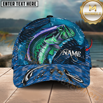 Maxcorners Peacock Bass Fishing Blue Scale Design Personalized Name 3D Cap