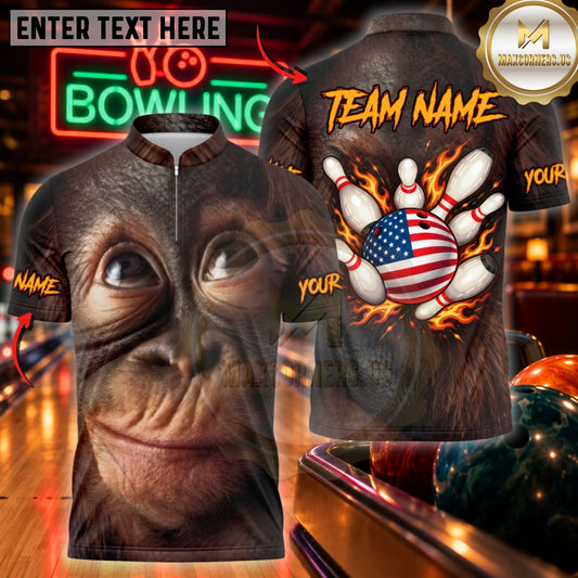 Maxcorners Bowling Chimpanzee Grin US Flag Pins Apparel Customized Name, Team Name 3D Shirts