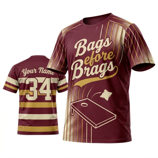 Maxcorners Cornhole Bags Before Brags Burgundy Gold Vintage Personalized Name 3D Unisex Shirt