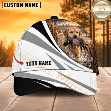 Maxcorners Dog Hunting And Duck Black White Silver Wave Marsh Personalized Name 3D Cap
