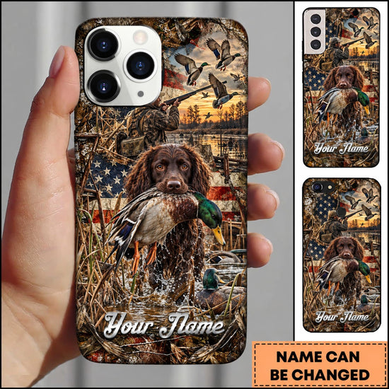 Maxcorners Duck Hunting Yellow Labrador Retriever American Flag Sunset Personalized Name 3D Phone Case - Boykin Spaniel