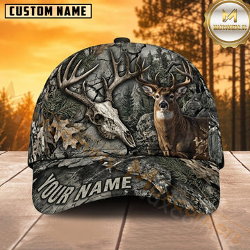 Maxcorners Deer Hunting Whitetail Buck Gray Bark Buck and Skull Camo Customized Name 3D Cap