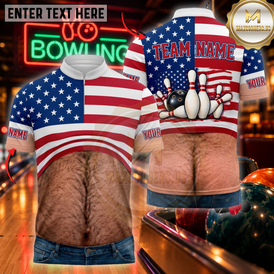 Maxcorners Bowling Hairy Chest US Flag Crop Top Funny Shirt Customized Name, Team Name 3D Shirts