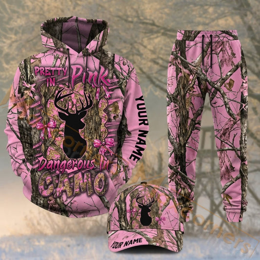 Maxcorners Hunting Deer Antlers Pink Woodland Camo Personalized 3D Combo Hoodie, Sweatpants Set & Cap