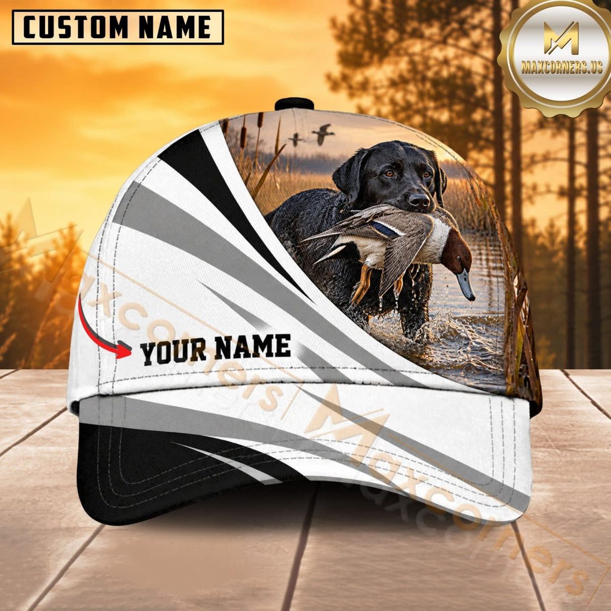 Maxcorners Dog Hunting And Duck Black White Silver Wave Marsh Personalized Name 3D Cap
