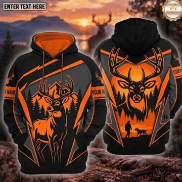 Maxcorners Deer Hunting Hunter And Dog Blaze Orange Buck Mountain Forest Sunset Camo Hoodie Personalized Your Name 3D Hoodie