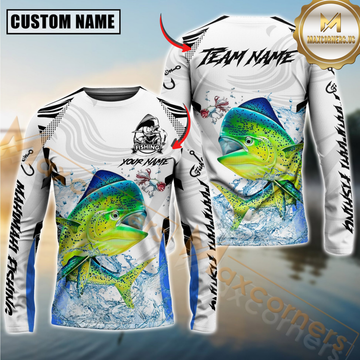 Maxcorners Mahi-Mahi Fishing White Black Curve Pattern Design Custom Name & Team Name 3D Shirts