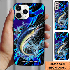 Maxcorners Marlin Fishing Neon Blue Flame Water Splash Art Personalized Name Phone Case
