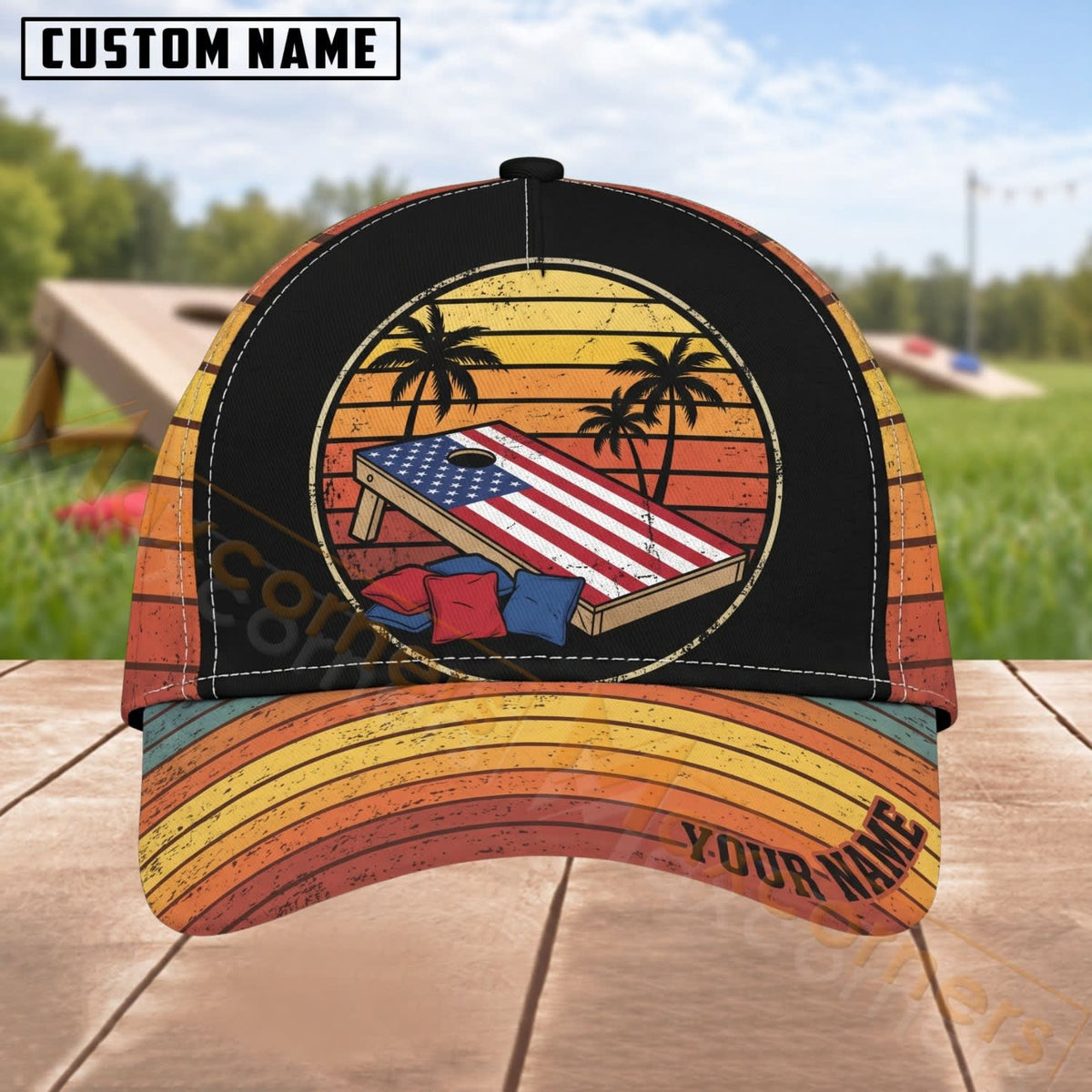 Maxcorners Cornhole Sunset Beach Board Design Personalized Name 3D Cap