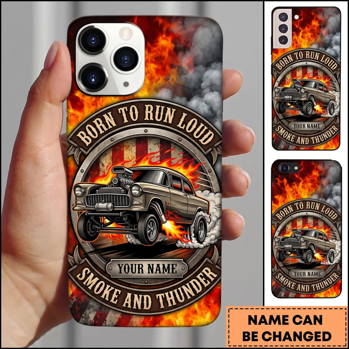 Maxcorners Classic Muscle Car Born to Run Loud Orange Flame Design Personalized Name 3D Phone Case
