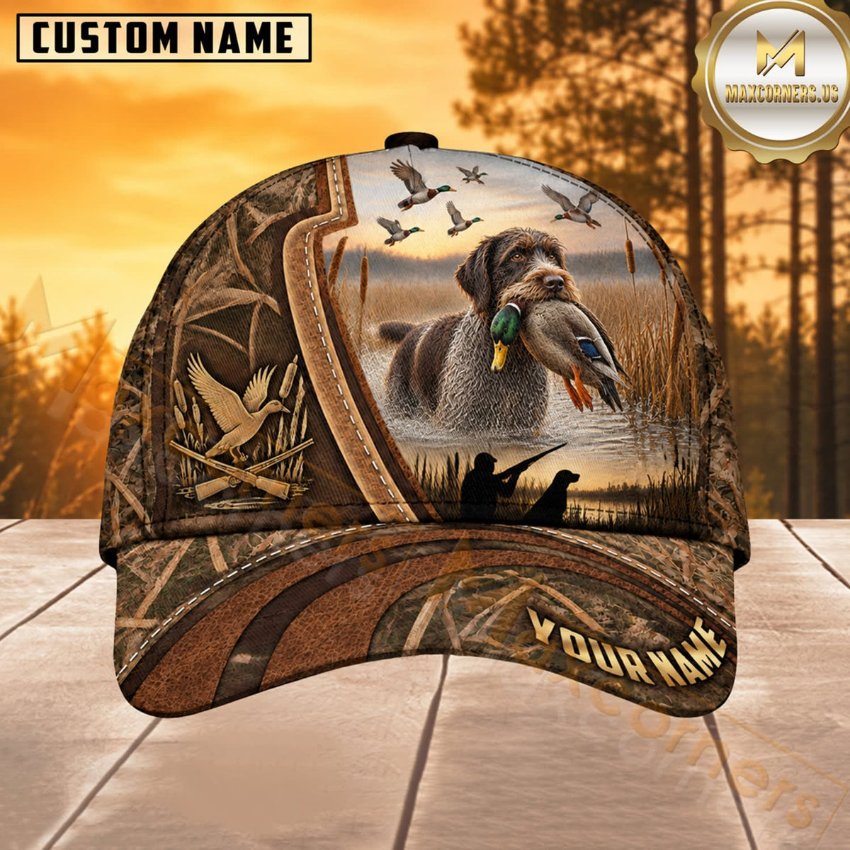 Maxcorners Dog Hunting And Duck Rustic Woodgrain Marshland Scene Multiple Options Personalized Name 3D Cap