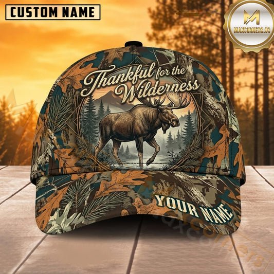 Maxcorners Moose Hunting Bull Moose Thankful for the Wilderness Vintage Forest Crest Camo Customized Name 3D Cap