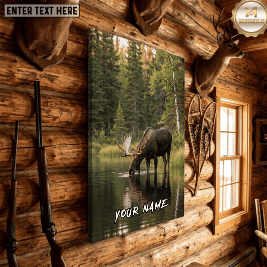 Maxcorners Moose Hunting Bull Moose Drinking Lake Pine Forest Reflection Wildlife Scene Canvas Wall Art