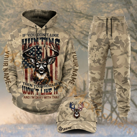 Maxcorners Hunting Patriotic Deer Skull American Flag Vintage Camo Personalized 3D Shirts
