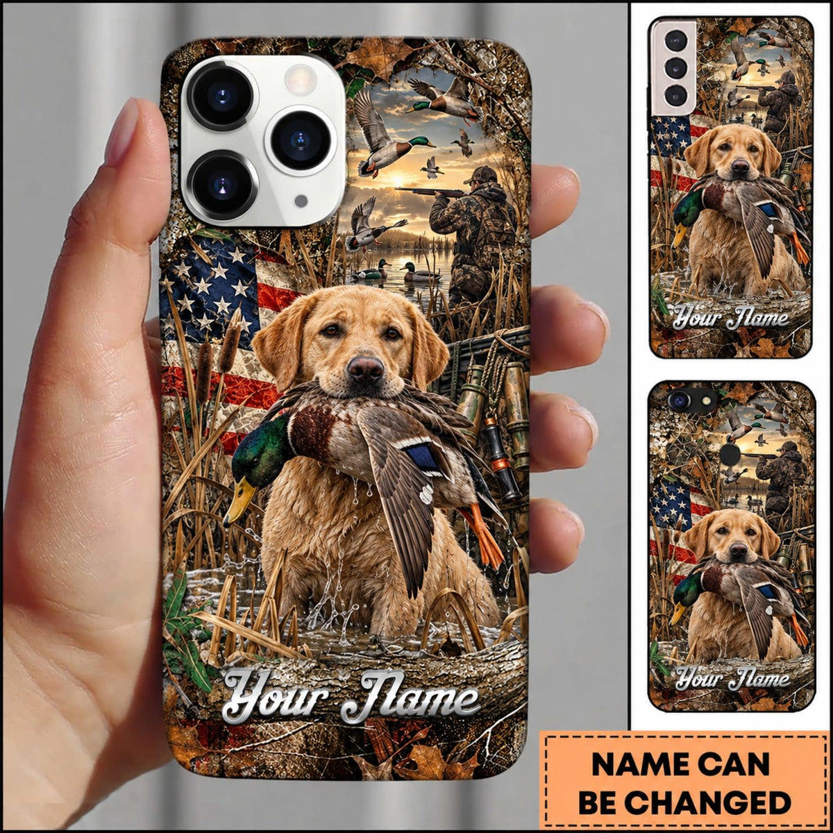 Maxcorners Duck Hunting Yellow Labrador Retriever American Flag Sunset Personalized Name 3D Phone Case - Yellow Labrador Retriever