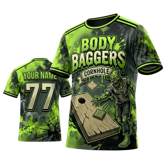 Maxcorners Cornhole Body Baggers Toxic Green Skull Personalized Name 3D Unisex Shirt