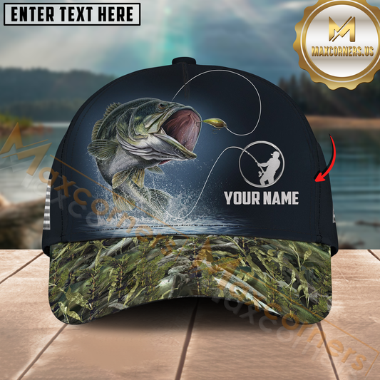 Maxcorners Largemouth Bass Fishing Dark Lake Camo Design Personalized Name 3D Cap
