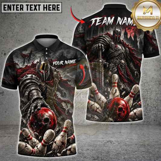 Maxcorners Bowling Dark Knight Warrior Sword Holding Ball Shattered Pins Graphic Multicolor Customized Name, Team Name 3D Shirts