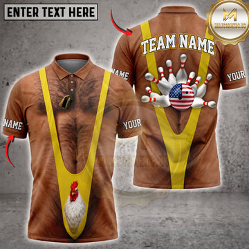 Maxcorners Bowling Funny Caveman Yellow Tie USA Patriotic Bowling Pins Personalized Name 3D Unisex Shirt