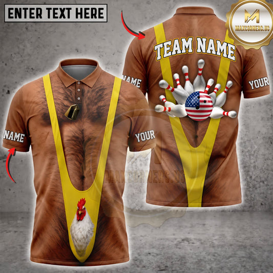 Maxcorners Bowling Funny Caveman Yellow Tie USA Patriotic Bowling Pins Personalized Name 3D Unisex Shirt