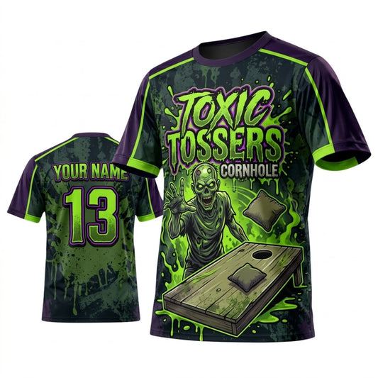 Maxcorners Cornhole Toxic Tossers Neon Green Skull Personalized Name 3D Unisex Shirt