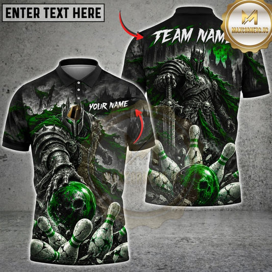 Maxcorners Bowling Dark Knight Warrior Sword Holding Ball Shattered Pins Graphic Multicolor Customized Name, Team Name 3D Shirts