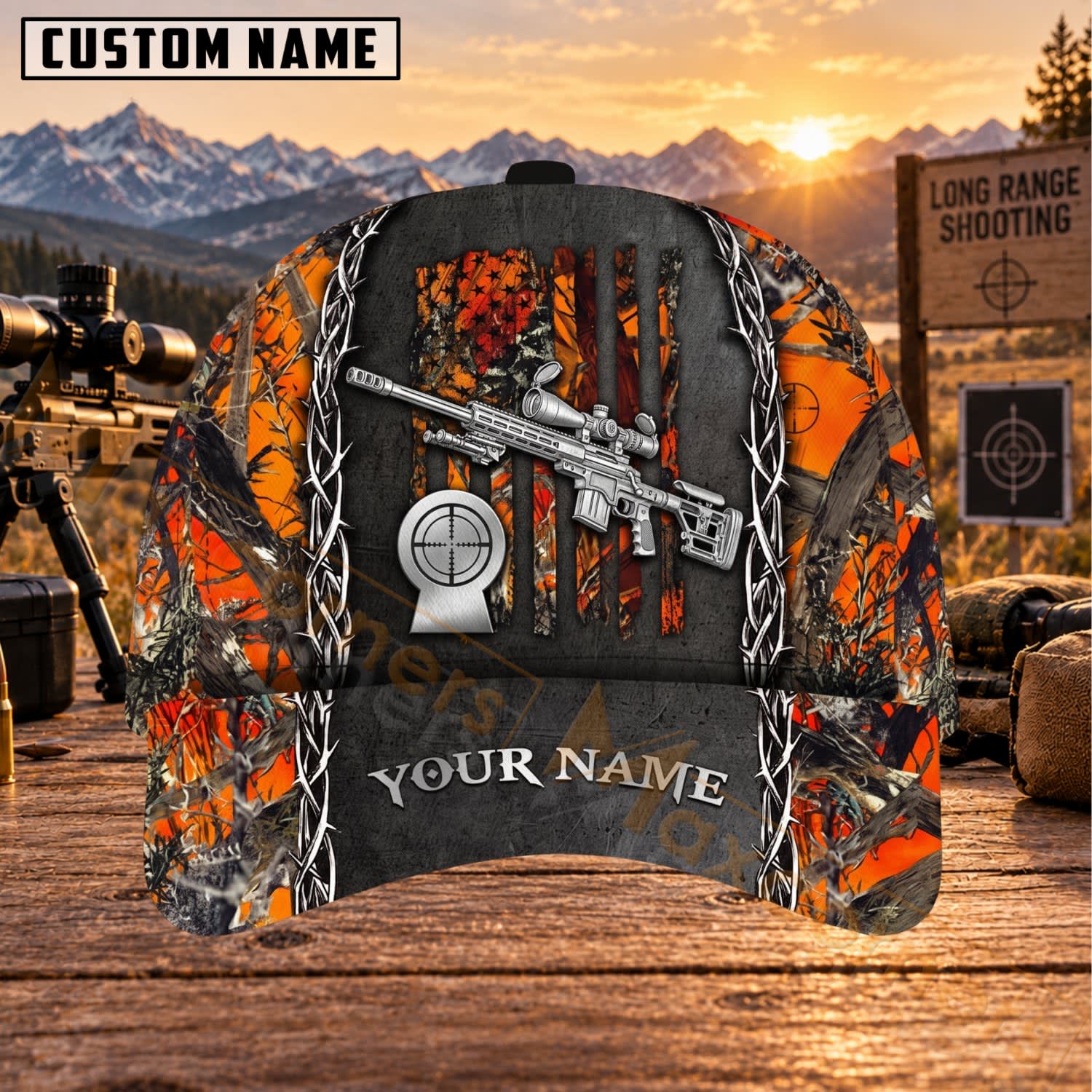 Maxcorners Long Range Shooting Blaze Orange Tactical Rifle Personalized Name 3D Cap