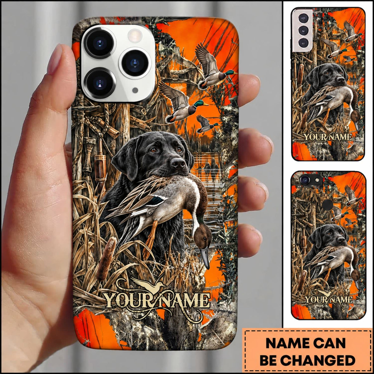 Maxcorners Duck Hunting German Shorthaired Pointer Orange Camouflage Hunting Personalized Name 3D Phone Case - Black Labrador Retriever - Pintail