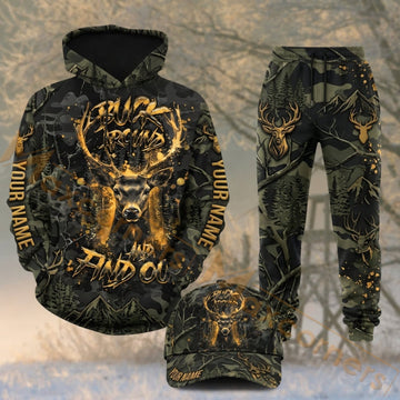 Maxcorners Hunting Golden Deer Skull Dark Woodland Camo Personalized 3D Combo Hoodie, Sweatpants Set & Cap