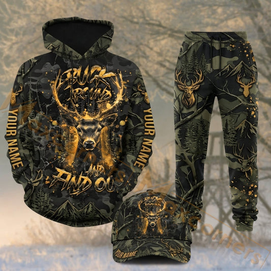 Maxcorners Hunting Golden Deer Skull Dark Woodland Camo Personalized 3D Shirts