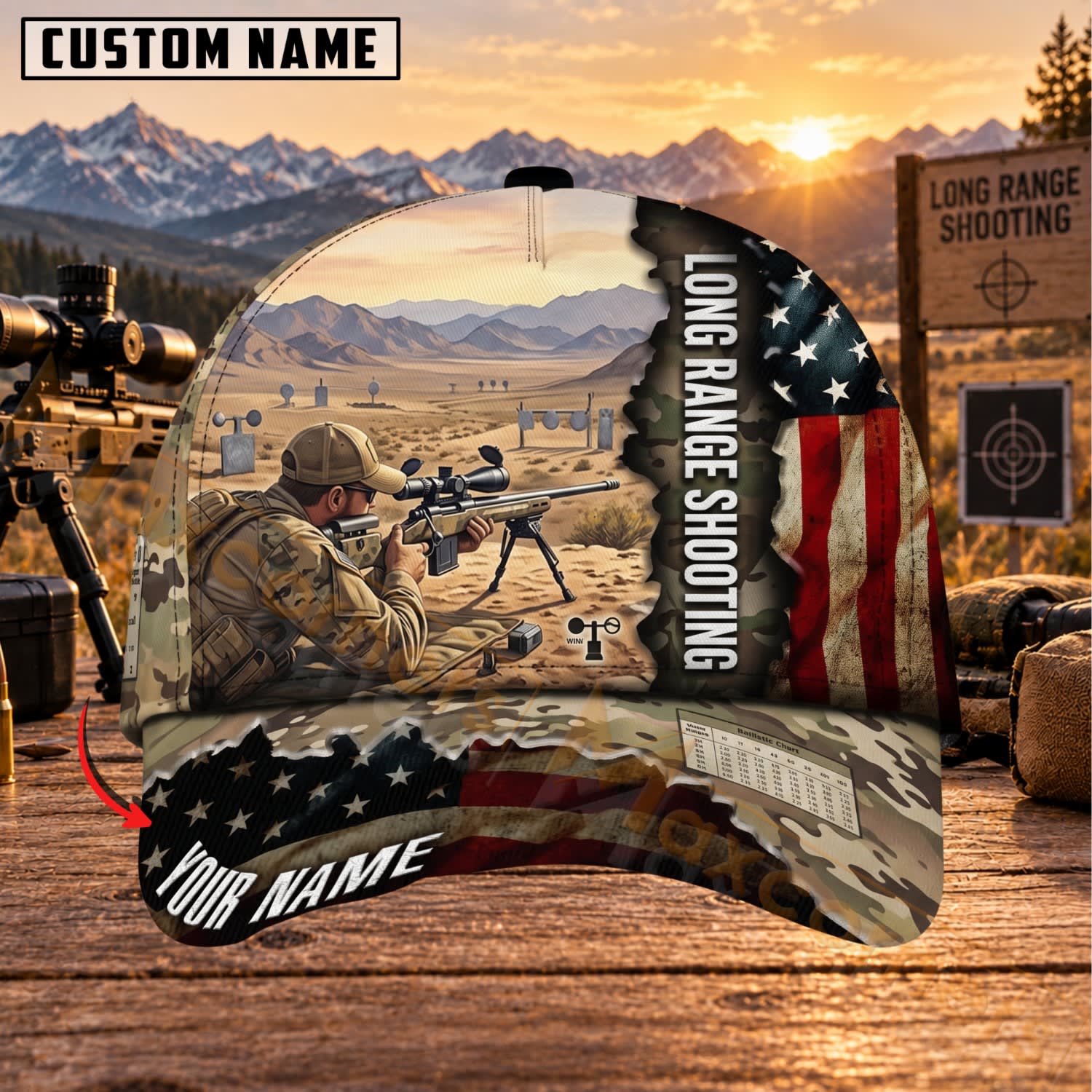 Maxcorners Long Range Shooting Desert Marksman American Flag Personalized Name 3D Cap